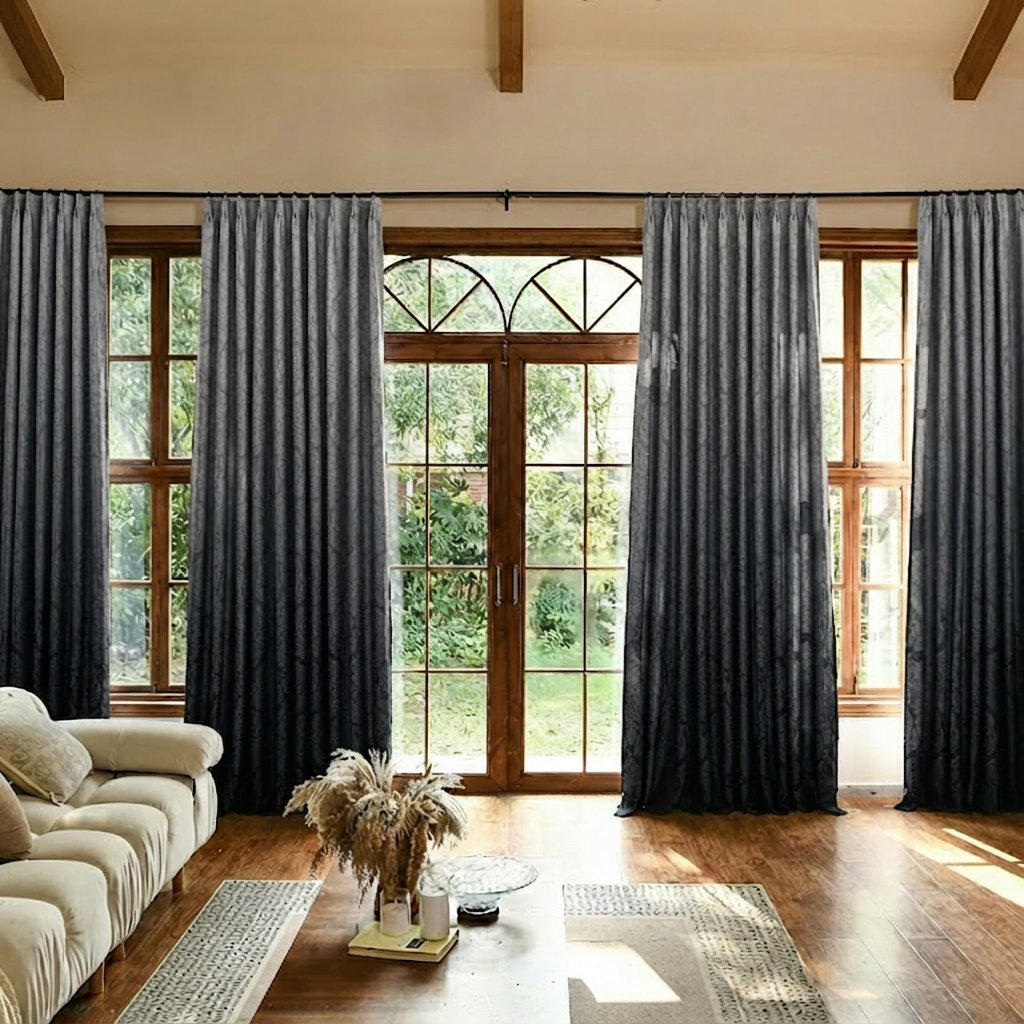 Custom luxury silk-fiber ombre blackout curtains in black, featuring a smooth gradient design for elegant window dressing.