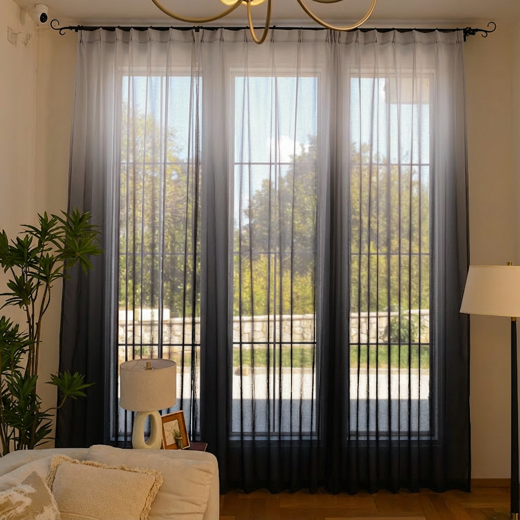 Black custom vertical linen texture sheer curtains by DWCN Official with ombre ombre design, lightweight and elegant window treatment.
