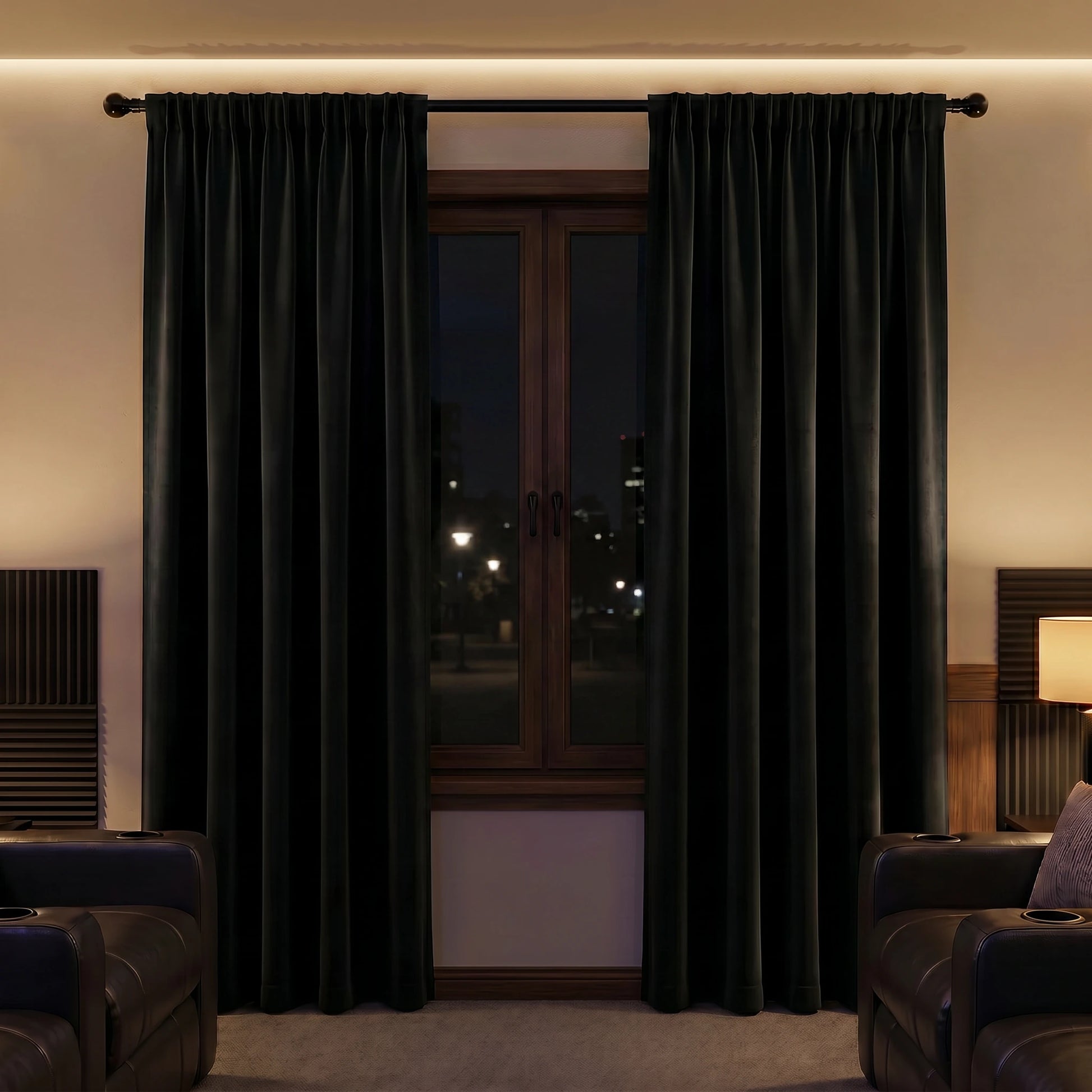 Custom luxury silk-fiber blackout curtains in black by DWCN Official, showcasing their elegant, smooth fabric and tailored design.