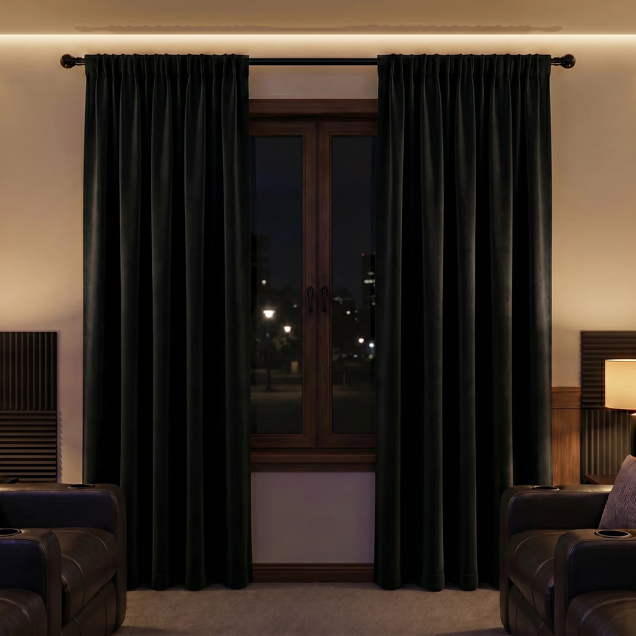 Custom luxury silk-fiber blackout curtains in black by DWCN Official, showcasing their elegant, smooth fabric and tailored design.