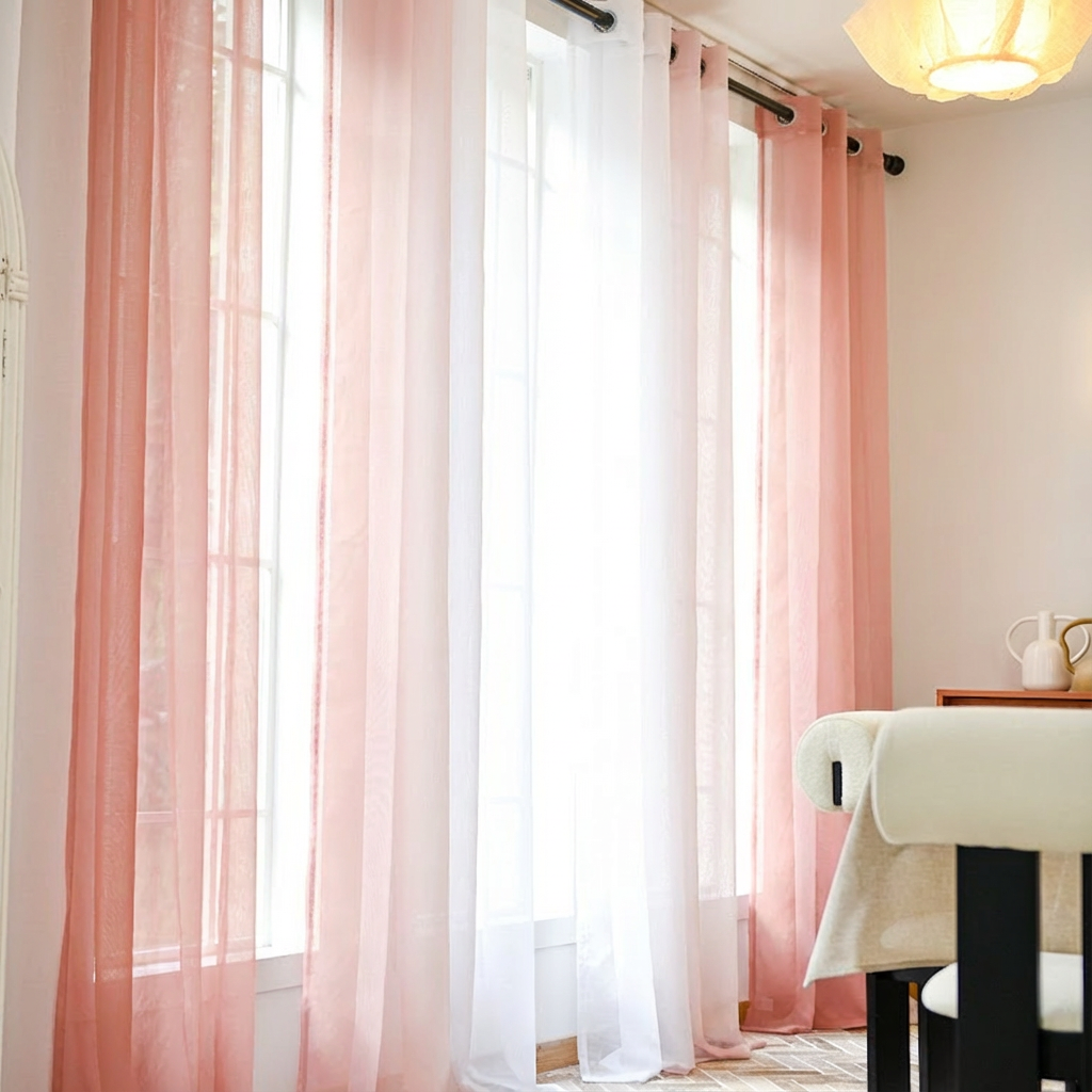 Blush pink linen texture ombre sheer curtains by DWCN Official hanging in a window, showcasing soft gradient and lightweight fabric.