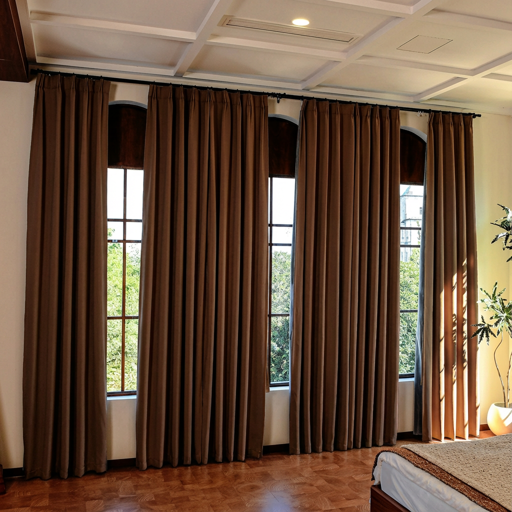 Brown custom luxury silk-fiber blackout curtains by DWCN Official, showcasing elegant drapes with a rich, textured fabric finish.
