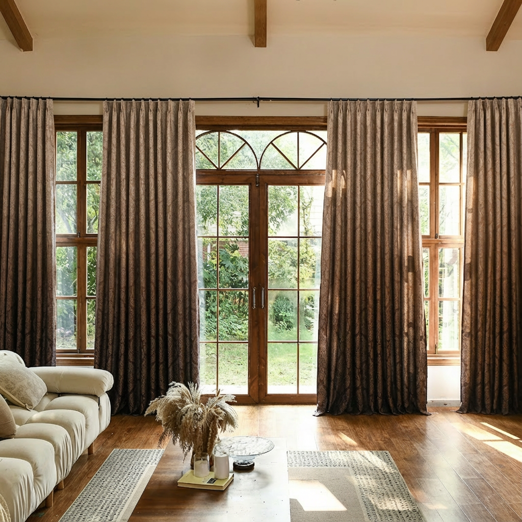 Custom luxury silk-fiber blackout curtains in ombre black and brown, designed by DWCN Official, featuring elegant fabric and modern style.