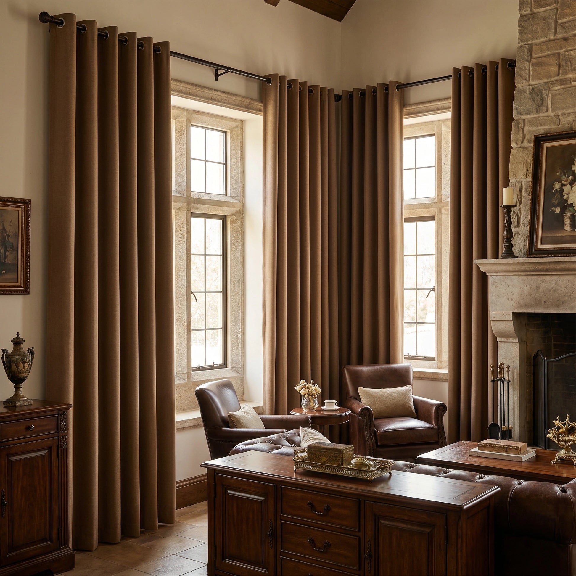Custom DWCN Official black heavyweight cotton blackout curtains in rich brown fabric, designed for light blocking and privacy.