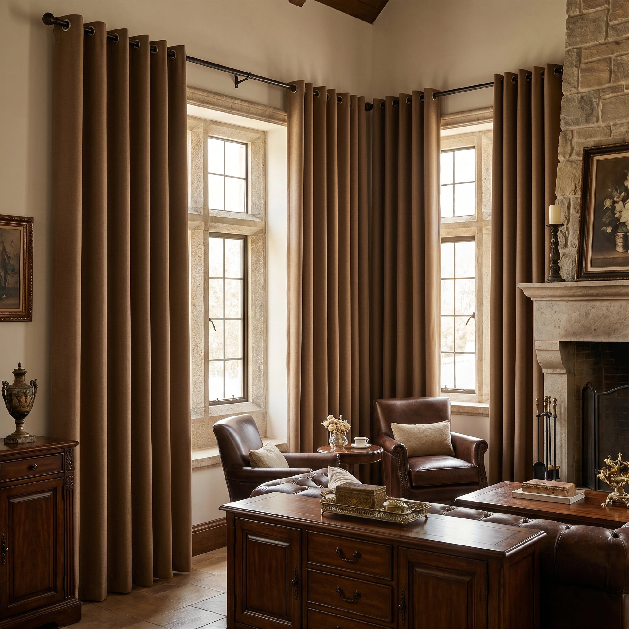 Custom DWCN Official black heavyweight cotton blackout curtains in rich brown fabric, designed for light blocking and privacy.