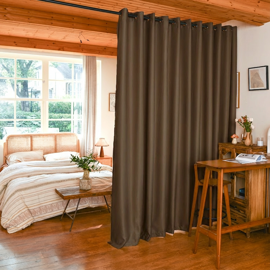Luxury black silk fibers DWCN Official blackout room divider curtain in rich brown fabric, providing privacy and style.