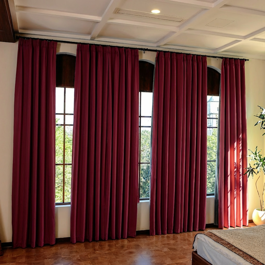 Elegant burgundy silk-fiber blackout curtains by DWCN Official, showcasing luxurious fabric and rich color for stylish window coverage.