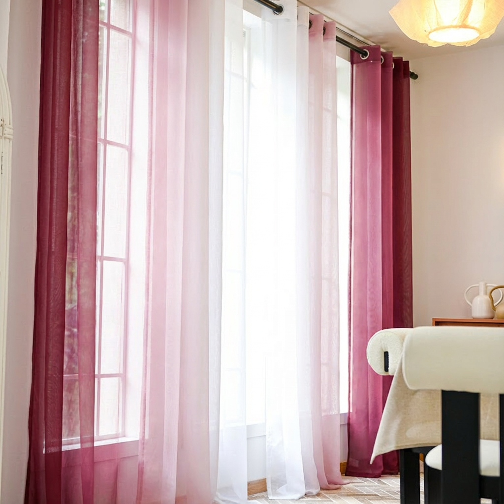 Burgundy linen texture ombre sheer curtains by DWCN Official hanging with soft light filtering through.