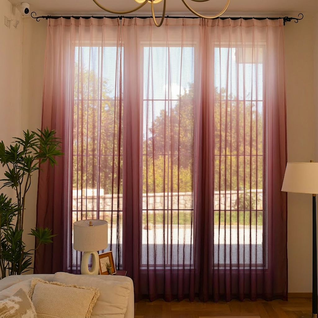 Burgundy custom vertical ombre linen texture sheer curtains by DWCN Official hanging on a window.