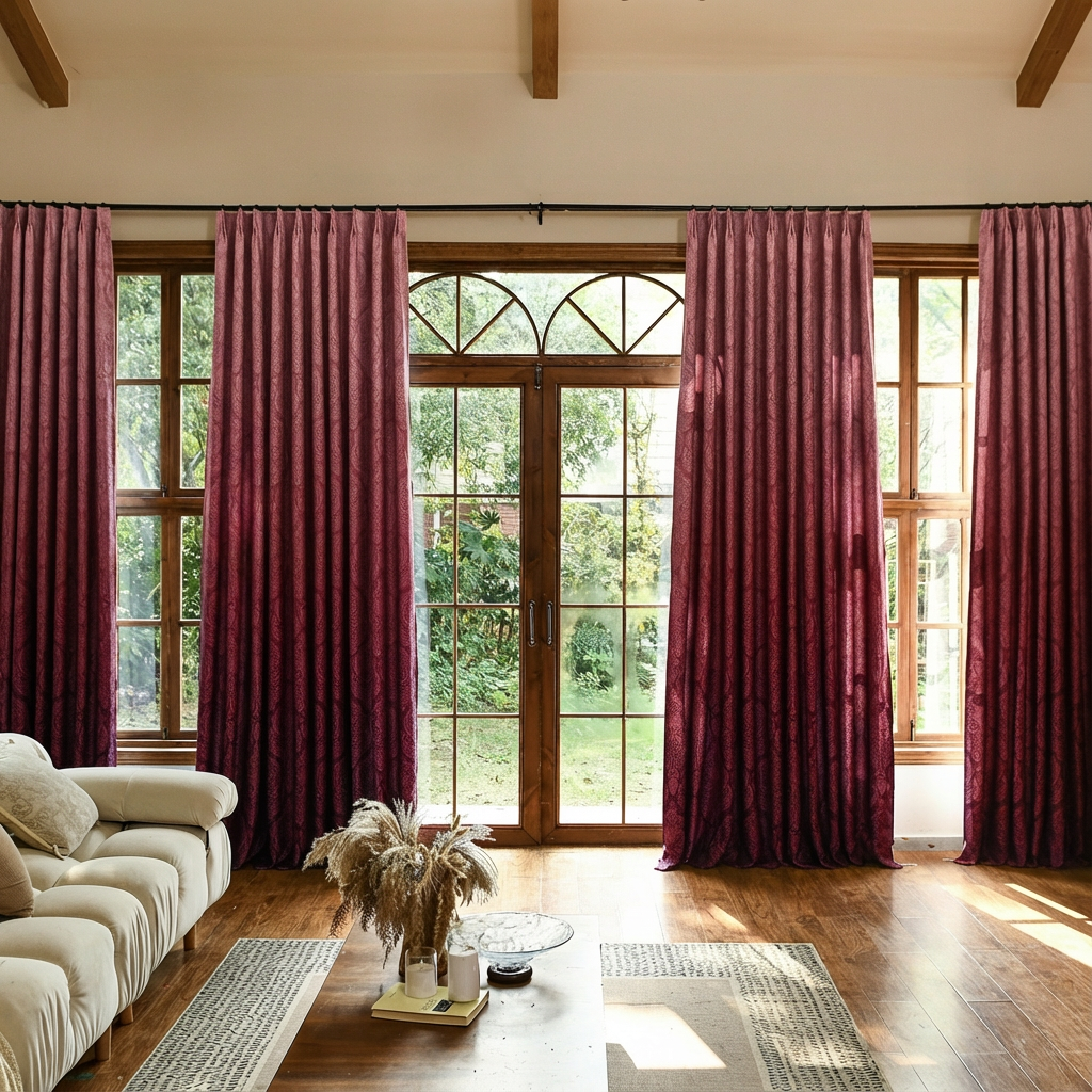 Luxury silk-fiber blackout curtains in burgundy and red ombre, custom-designed by DWCN Official for elegant window decor.