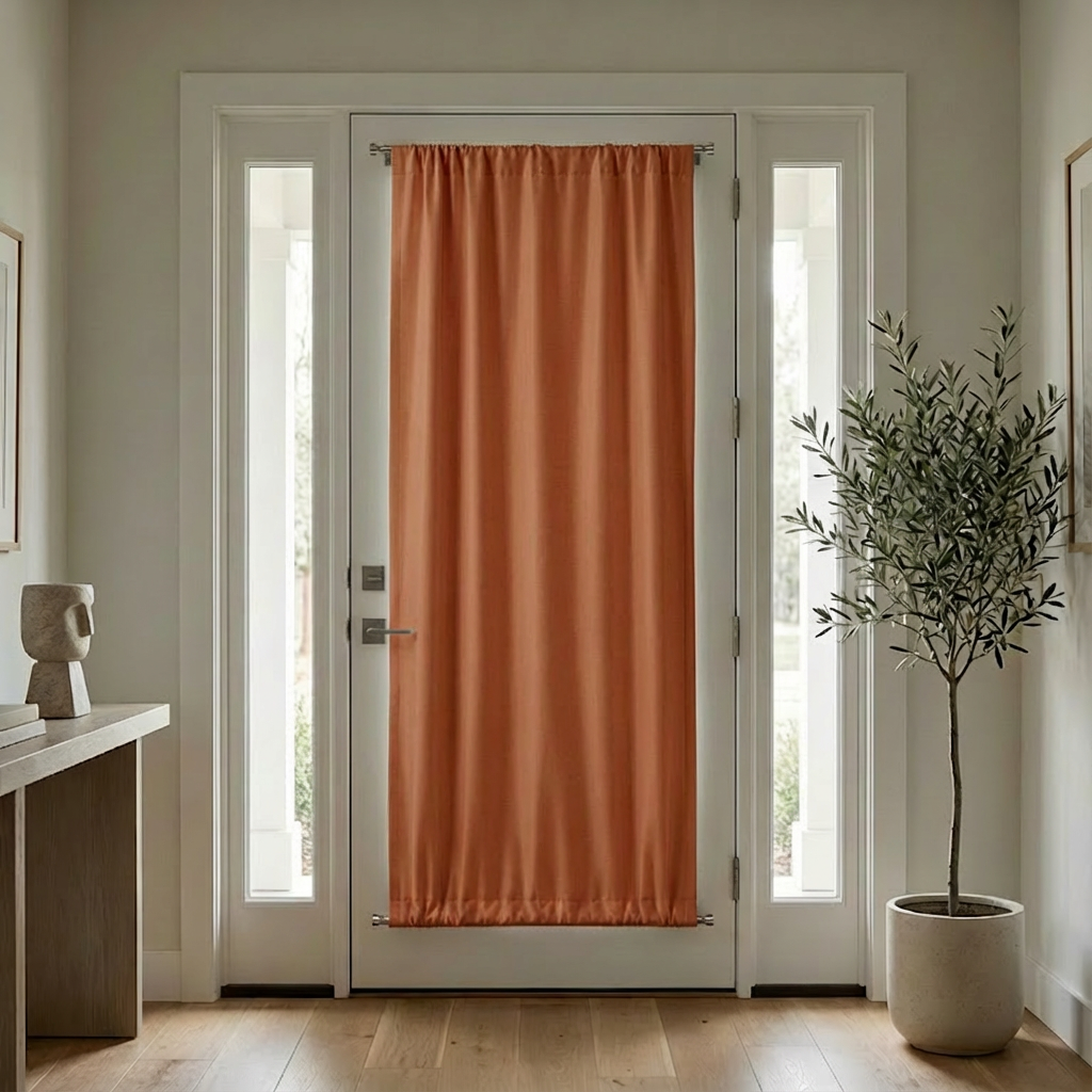 Custom luxury silk-fiber French door blackout curtains in burnt ochre with black lining, by DWCN Official.