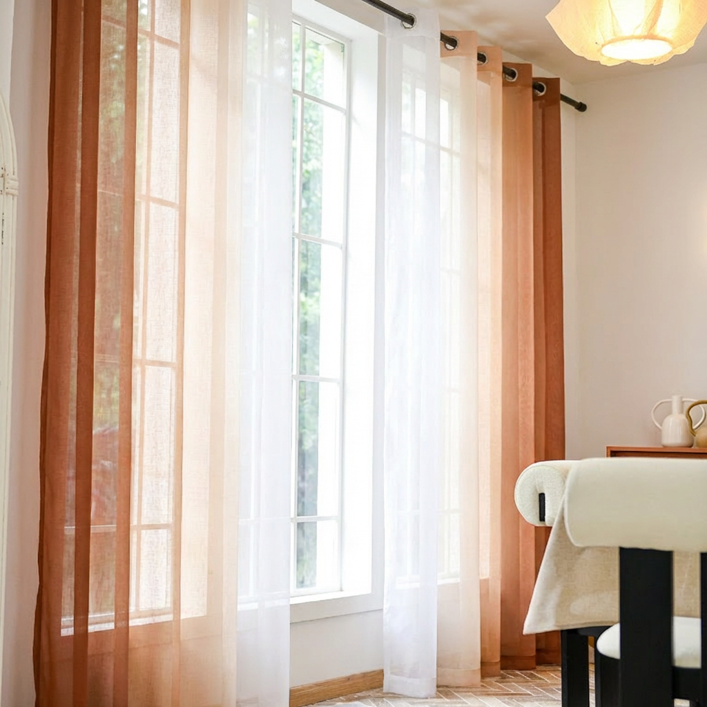 Burnt ochre linen texture ombre sheer curtains by DWCN Official hanging in a room, showcasing their soft, flowing fabric.