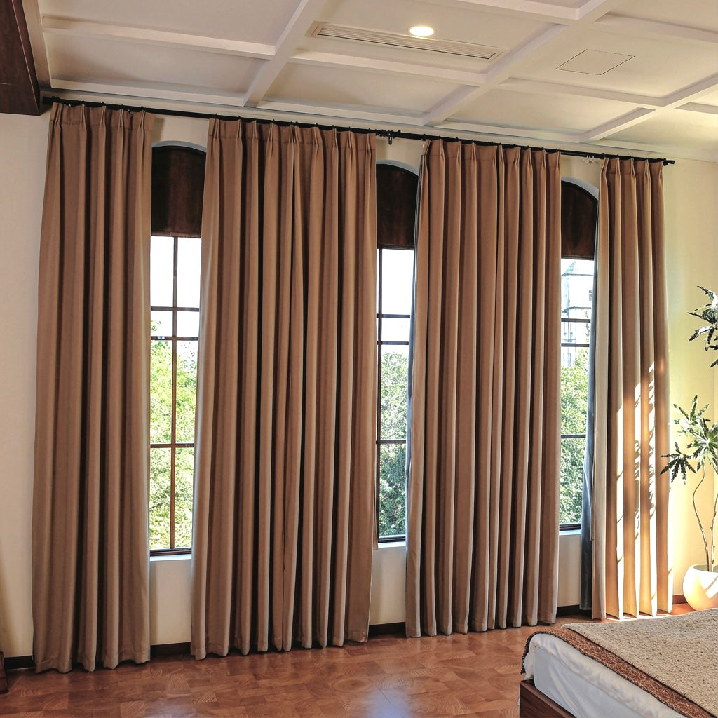 Custom luxury silk-fiber blackout curtains in cappuccino color, designed by DWCN Official for elegant room darkening.