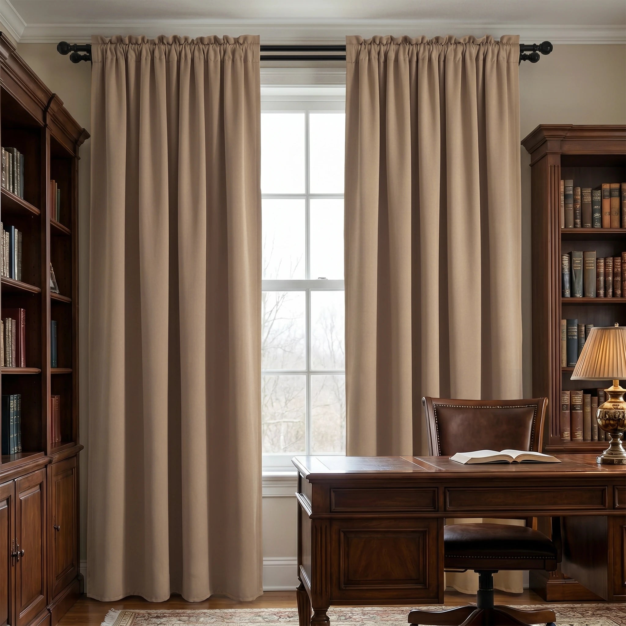 Custom luxury silk-fiber blackout curtains in cappuccino color by DWCN Official, showcasing smooth fabric and elegant drape.