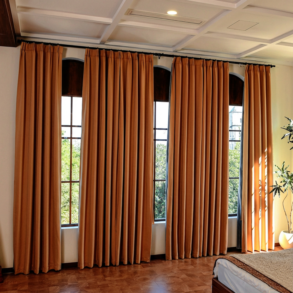 Caramel-colored luxury silk-fiber blackout curtains by DWCN Official, showcasing elegant draping and smooth fabric texture.