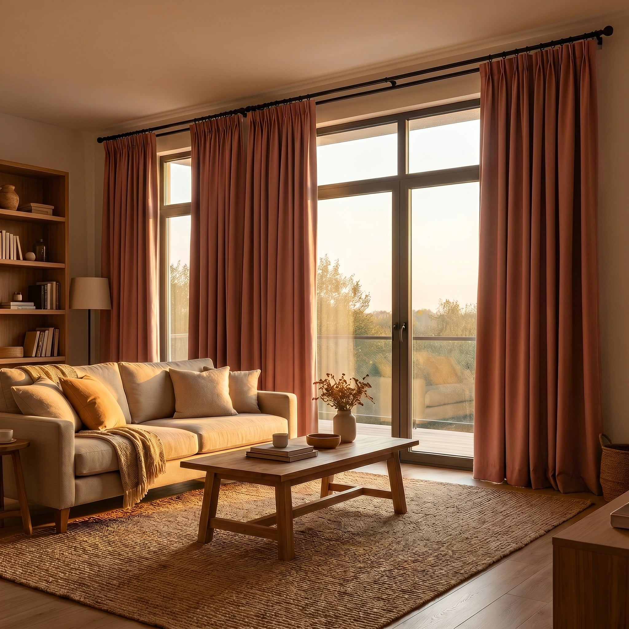 Custom luxury silk-fiber blackout curtains in caramel color by DWCN Official, showcasing smooth fabric and elegant design.