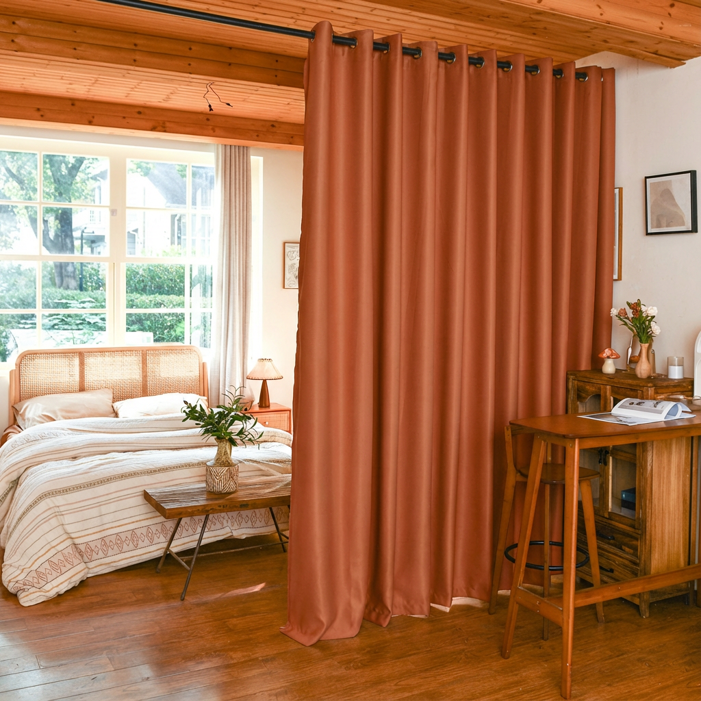 Black silk fibers blackout room divider curtains from DWCN Official, featuring a caramel color and luxurious, smooth fabric texture.