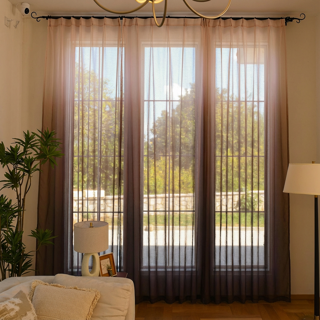 Chocolate brown custom vertical ombre linen texture sheer curtains by DWCN Official hanging in a window, showcasing elegant fabric and design.