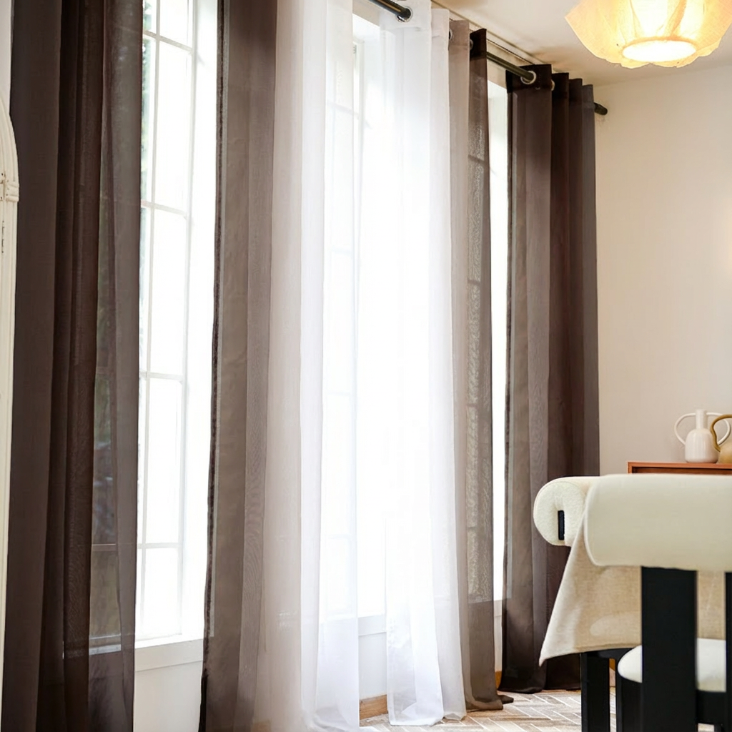 Chocolate brown custom linen texture ombre sheer curtains from DWCN Official hanging on a window with natural light.
