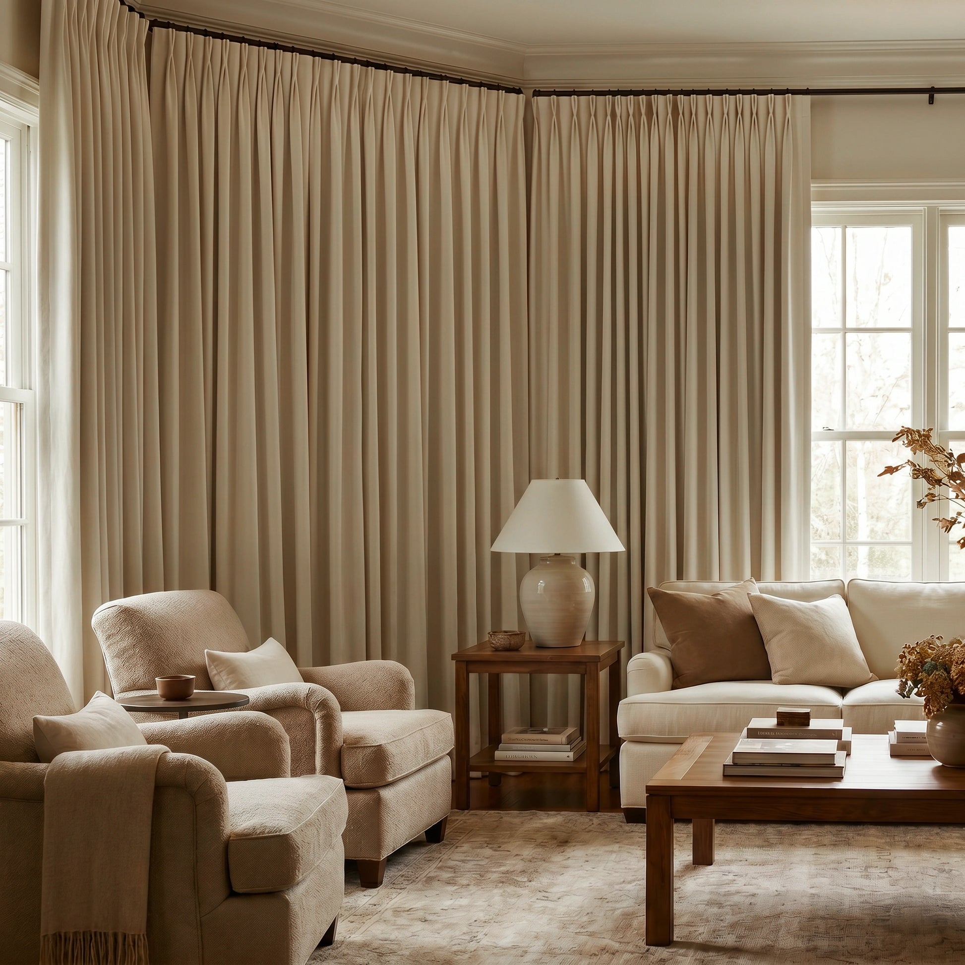 Cream-white custom blackout curtains made of heavyweight modal cotton by DWCN Official, showing elegant fabric draping and blackout lining.