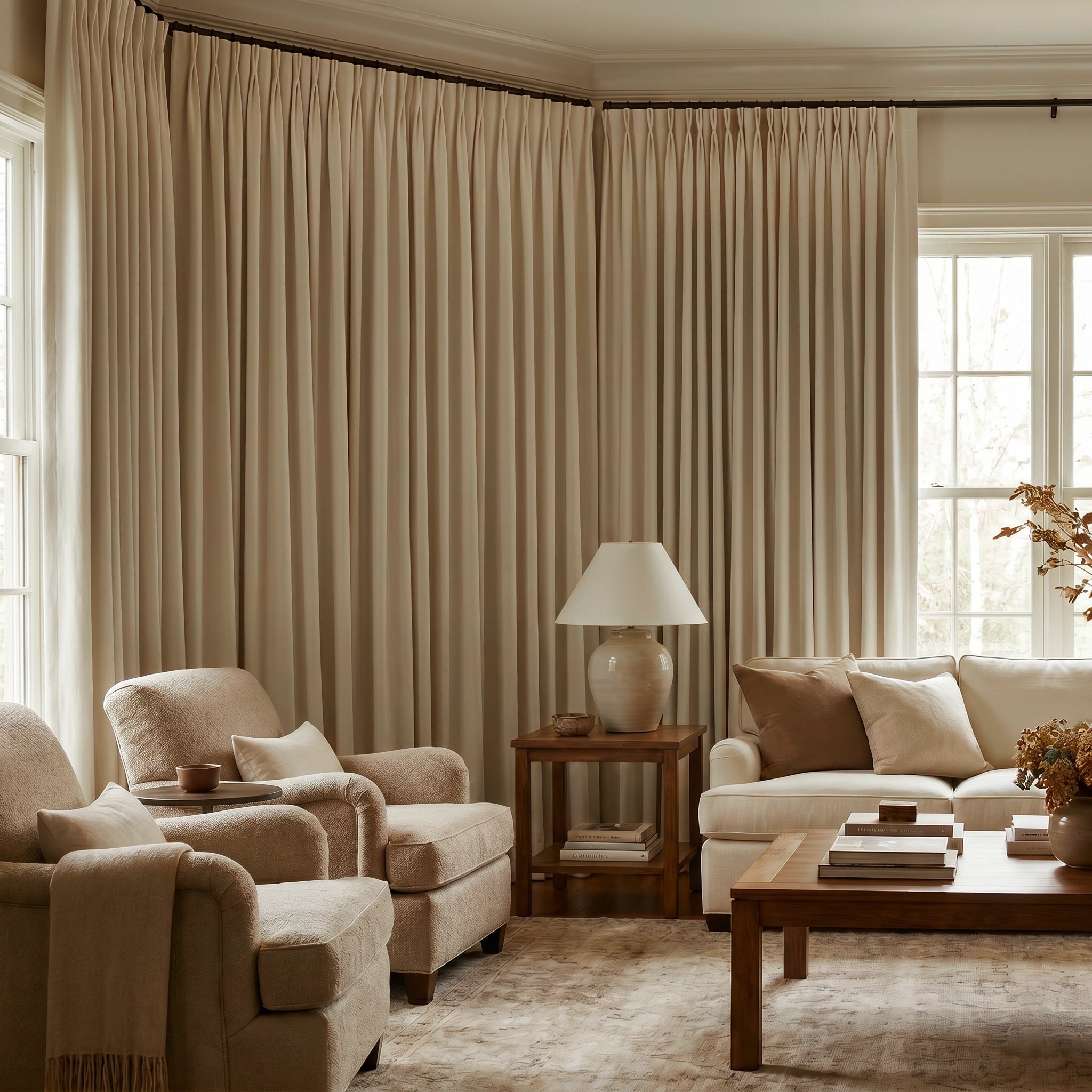Cream-white custom blackout curtains made of heavyweight modal cotton by DWCN Official, showing elegant fabric draping and blackout lining.