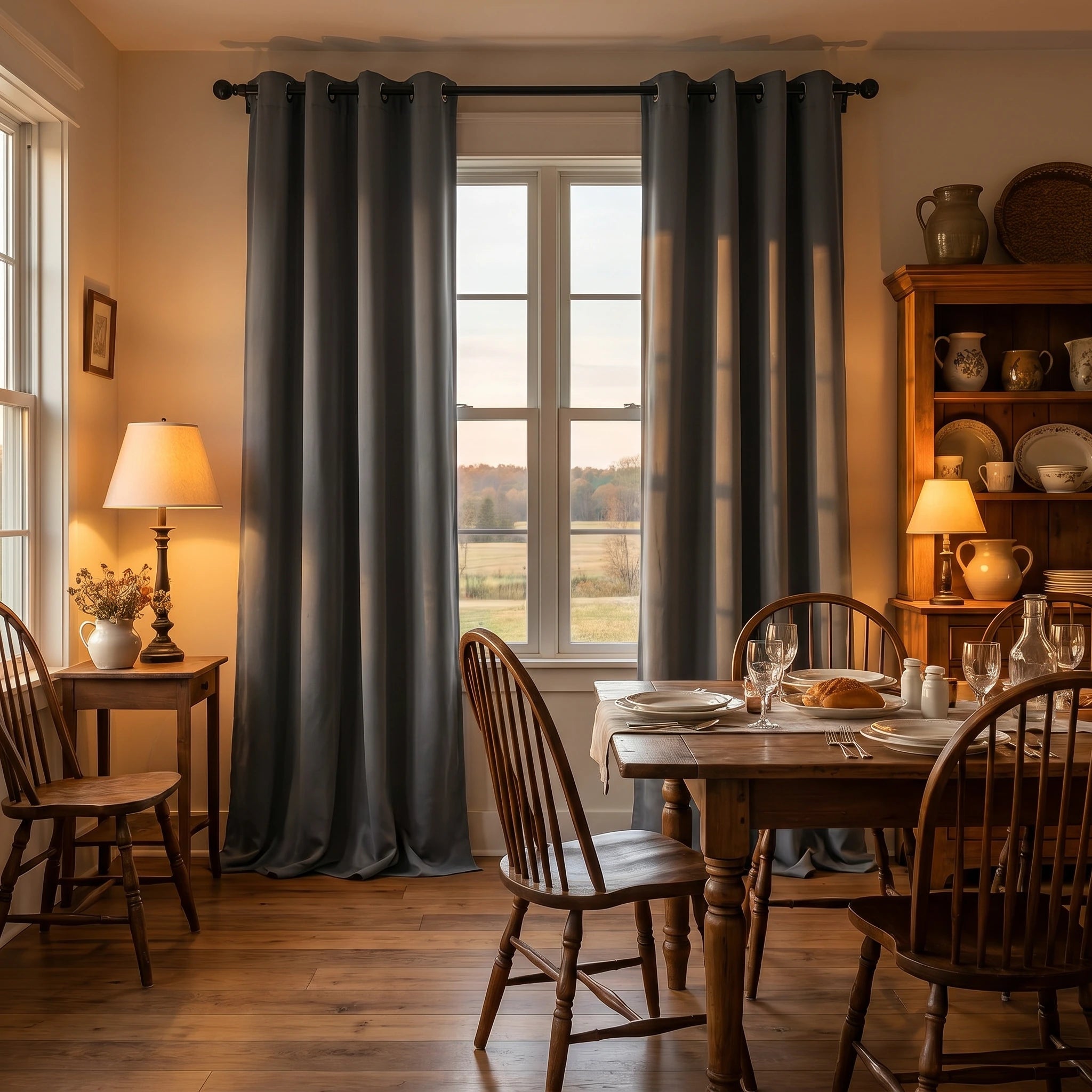 Dark grey custom luxury silk-fiber blackout curtains from DWCN Official hanging smoothly on a window.