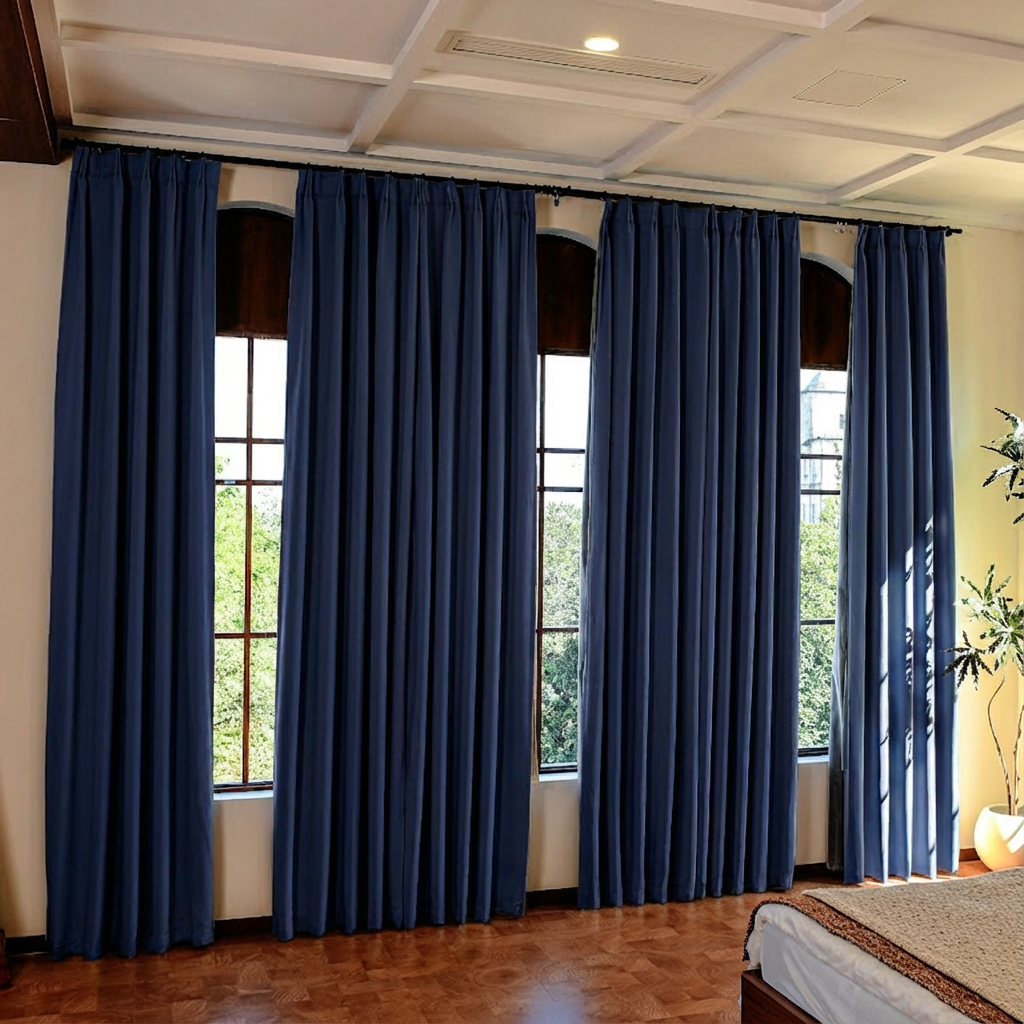 Dark blue custom luxury silk-fiber blackout curtains by DWCN Official, showcasing elegant, high-quality window treatment with blackout lining.