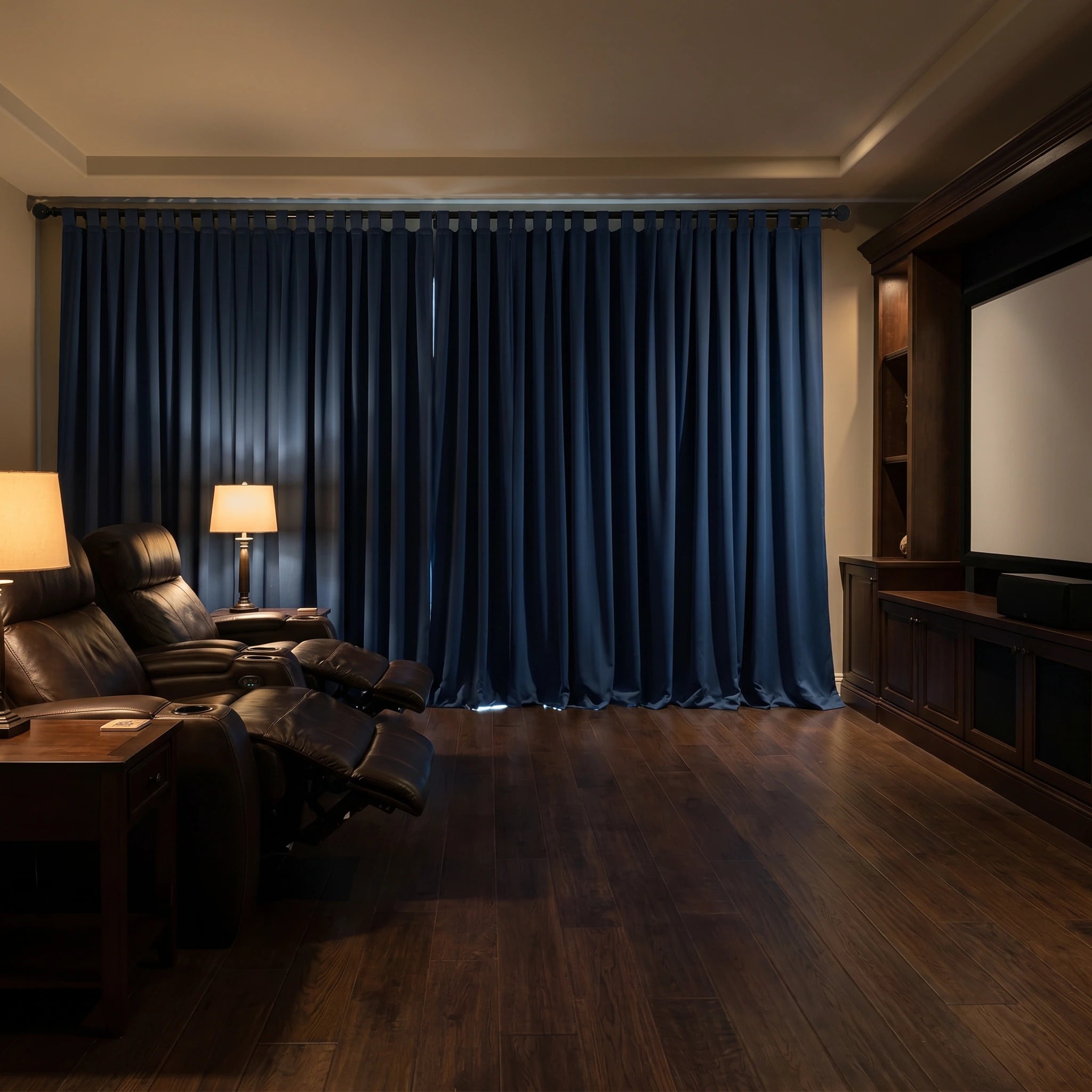 Dark blue custom luxury silk-fiber blackout curtains from DWCN Official, showcasing elegant fabric and tailored design.