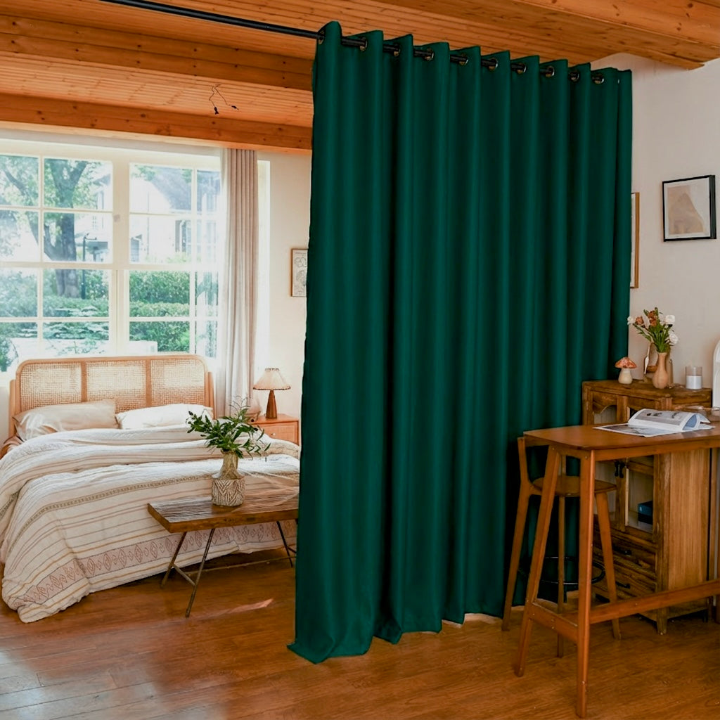 Dark green custom luxury silk fibers blackout room divider curtains from DWCN Official, featuring a sleek, elegant design for privacy and style.