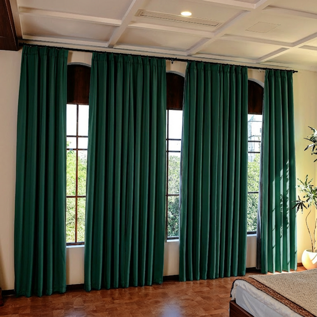 Dark green custom luxury silk-fiber blackout curtains by DWCN Official, showcasing elegant fabric and full-length design.