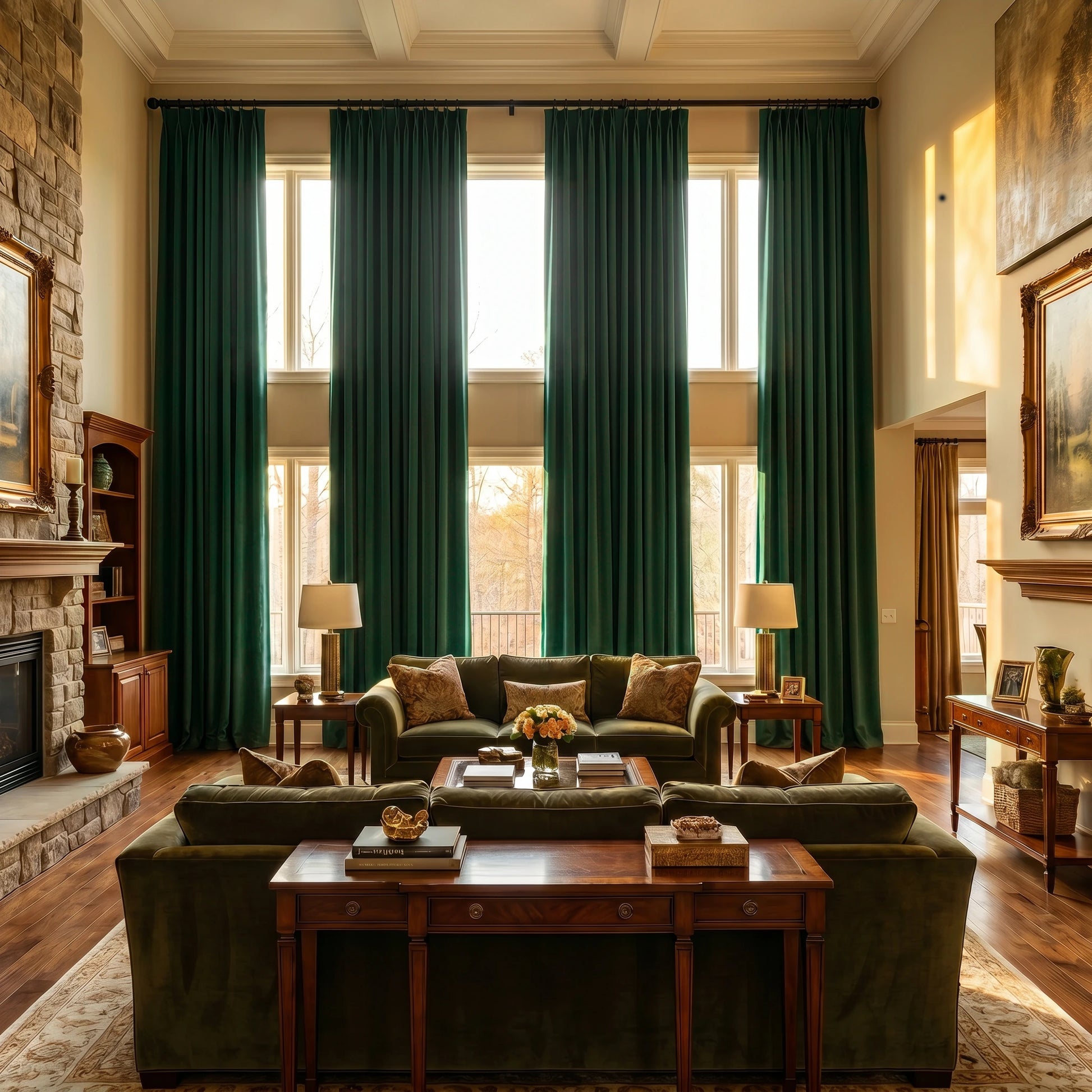 Dark green custom luxury silk-fiber blackout curtains by DWCN Official hanging in a stylish window setting.
