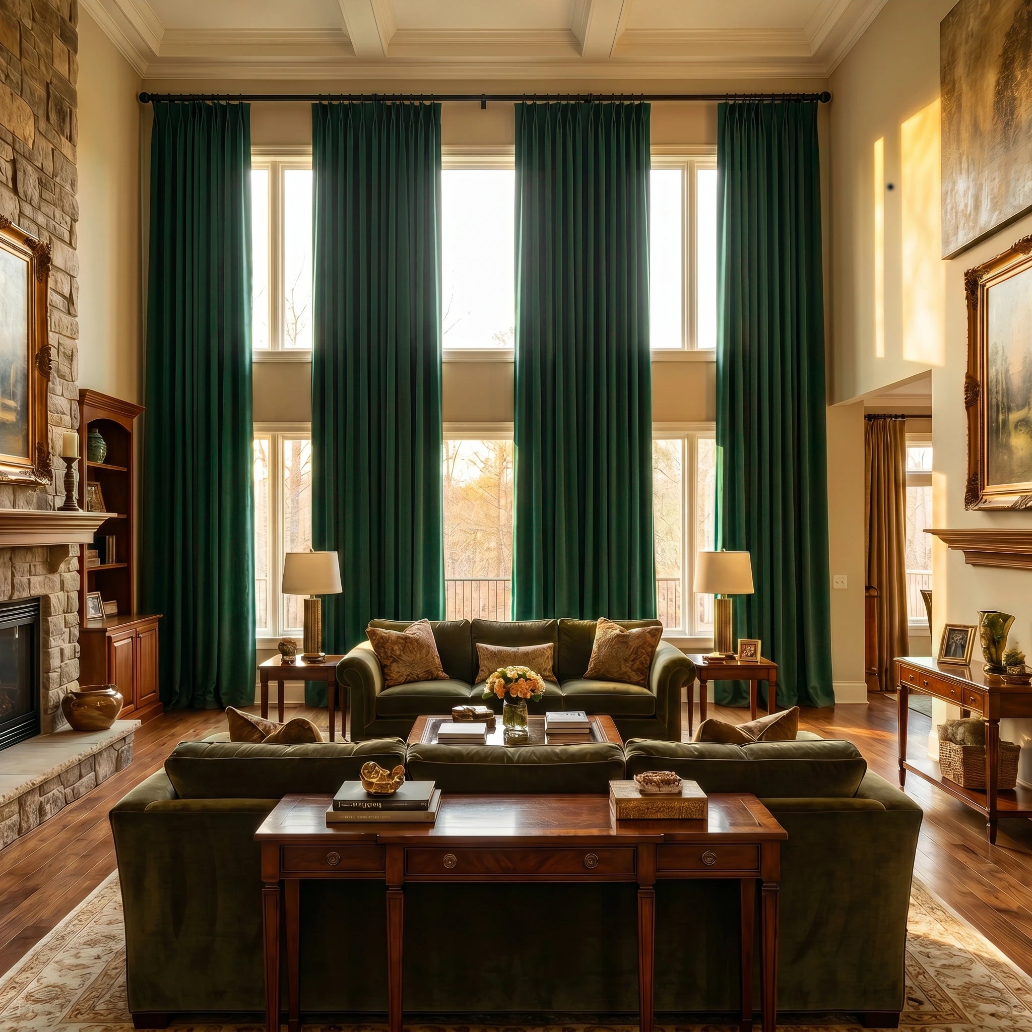 Dark green custom luxury silk-fiber blackout curtains by DWCN Official hanging in a stylish window setting.