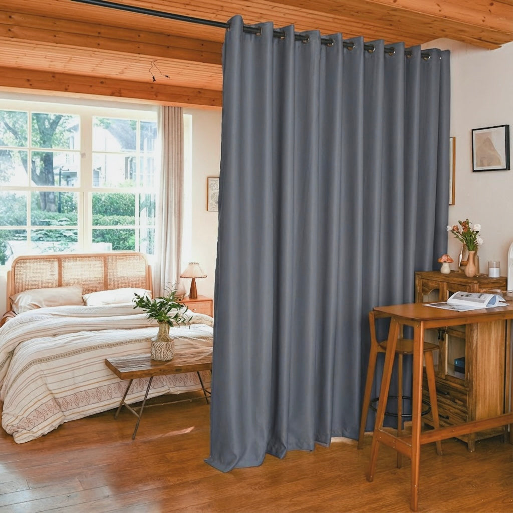 Dark grey custom luxury silk fibers blackout room divider curtains by DWCN Official, showcasing elegant fabric and sleek design.