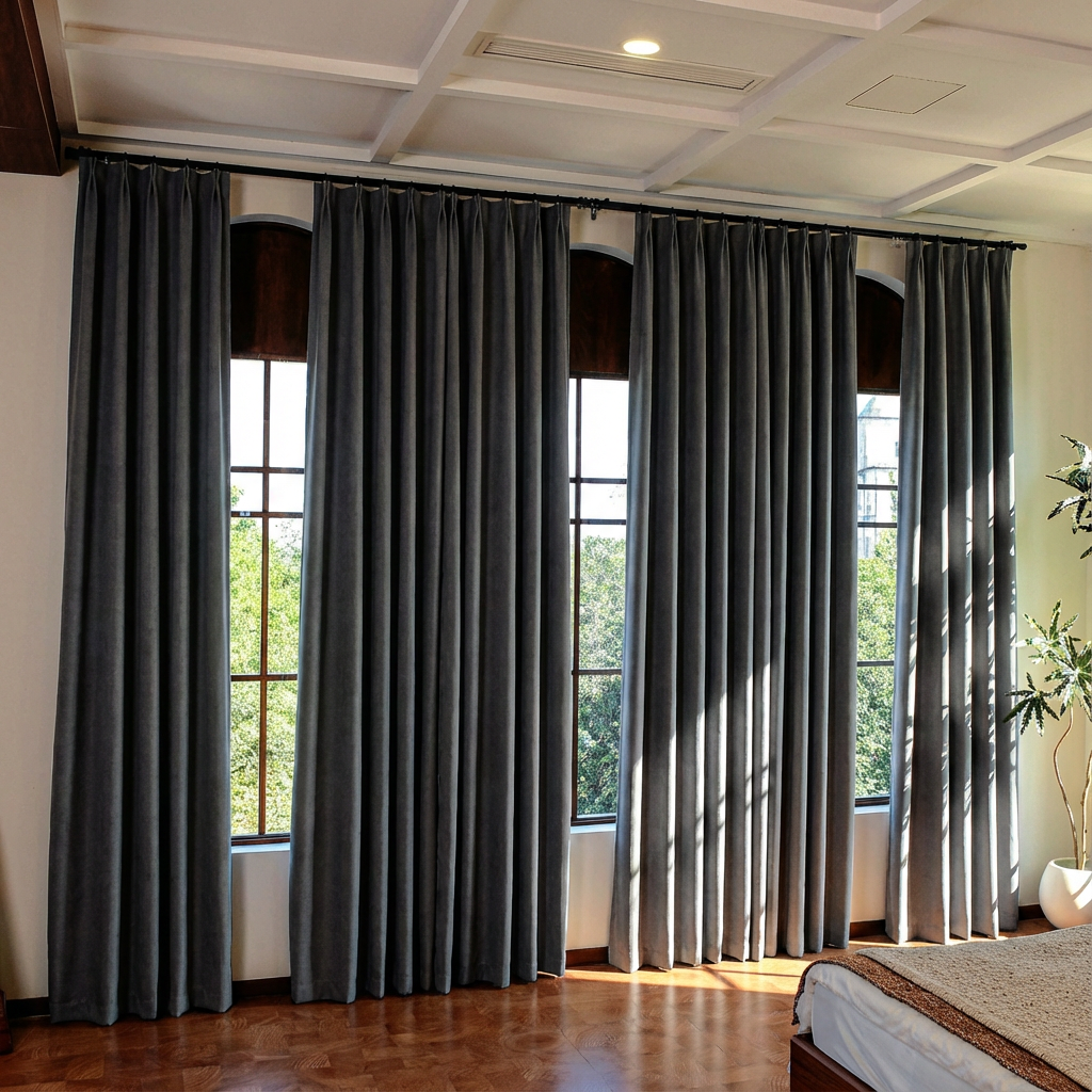 Dark grey luxury silk-fiber blackout curtains from DWCN Official, showcasing elegant drapery with smooth texture and blackout lining.