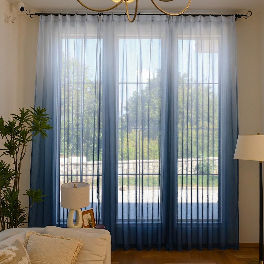 Denim blue custom vertical linen texture sheer curtains by DWCN Official, showcasing lightweight, ombre design for elegant window decor.