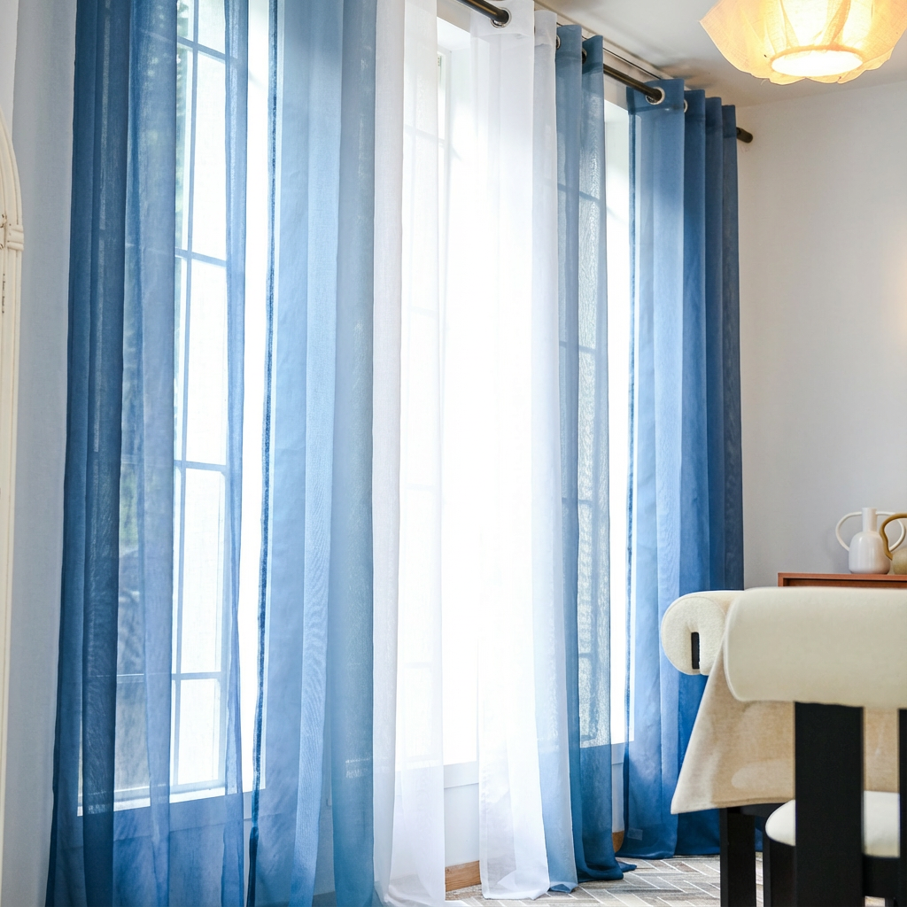 Denim blue linen texture ombre sheer curtains by DWCN Official hanging in a window, showcasing soft fabric and gradient design.