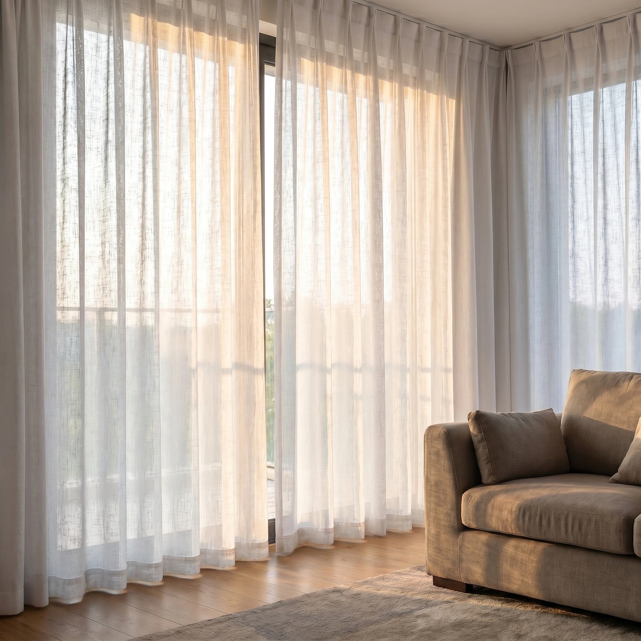 Dove grey custom linen sheer solid curtains by DWCN Official hanging in a window, allowing soft natural light to filter through.