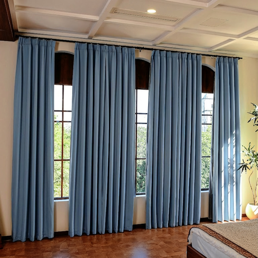 Dusty blue custom luxury silk-fiber blackout curtains by DWCN Official hanging in a stylish living room.