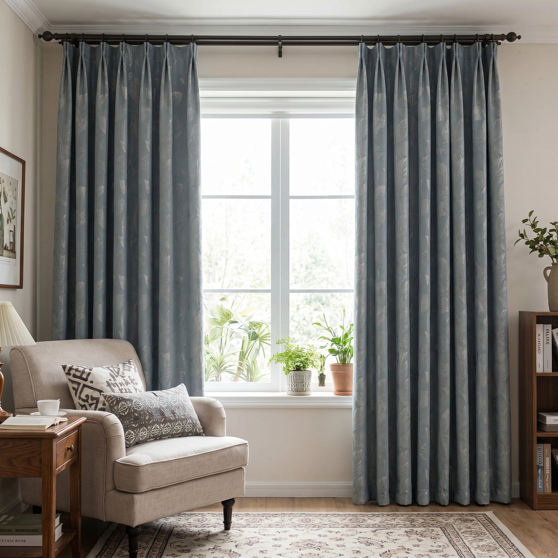 Dusty blue custom curtain featuring embroidered clementine pattern on pure cotton fabric by DWCN Official.