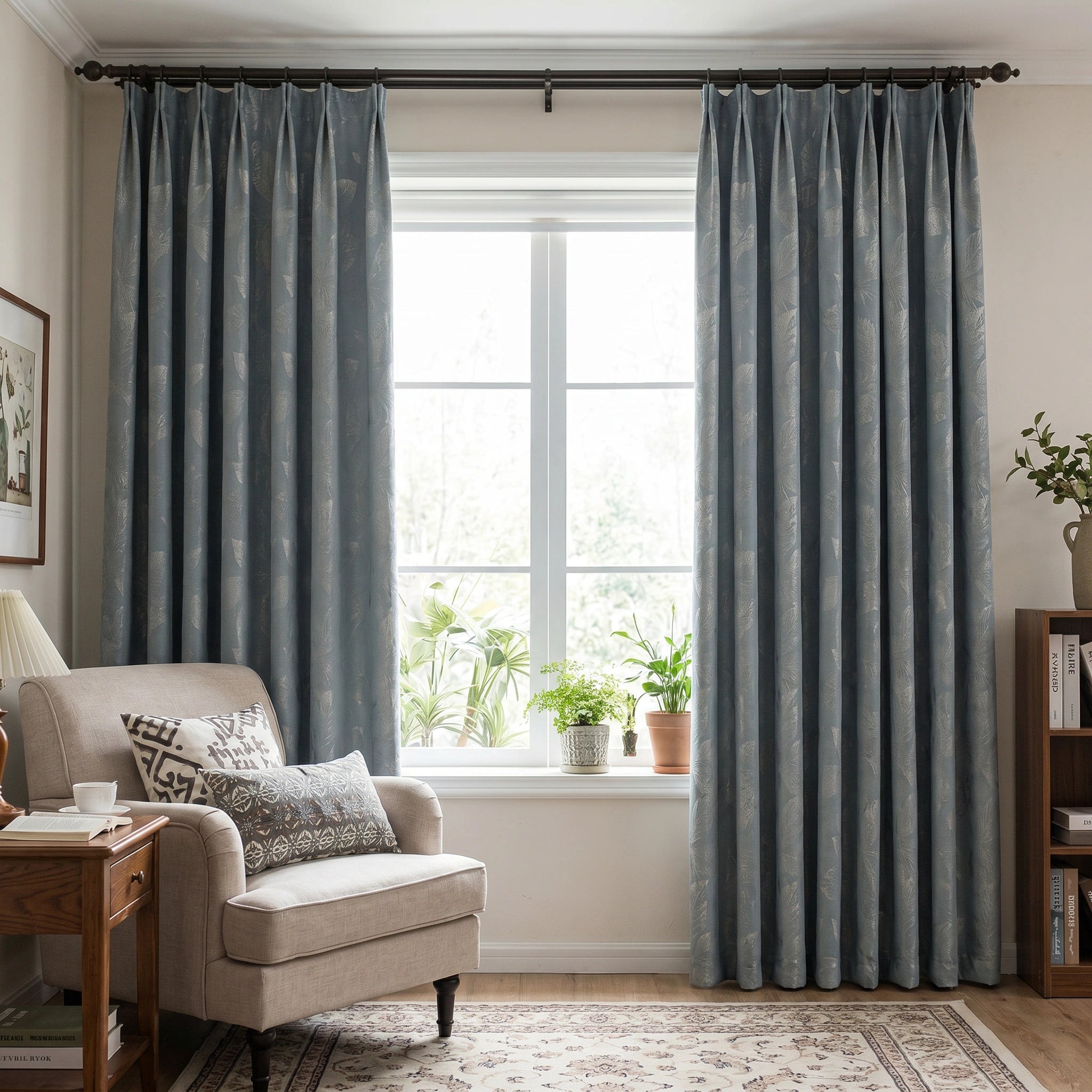Dusty blue custom curtain featuring embroidered clementine pattern on pure cotton fabric by DWCN Official.