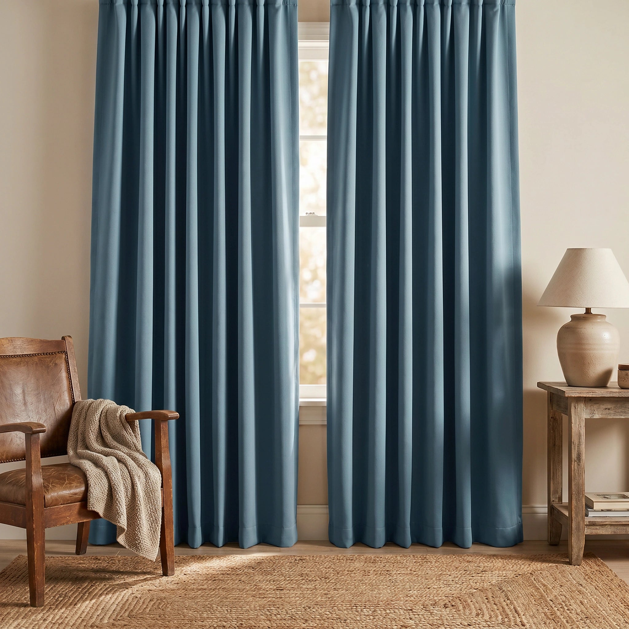 Dusty blue custom heavyweight cotton blackout curtains by DWCN Official, showing soft fabric and modern design for window coverage.
