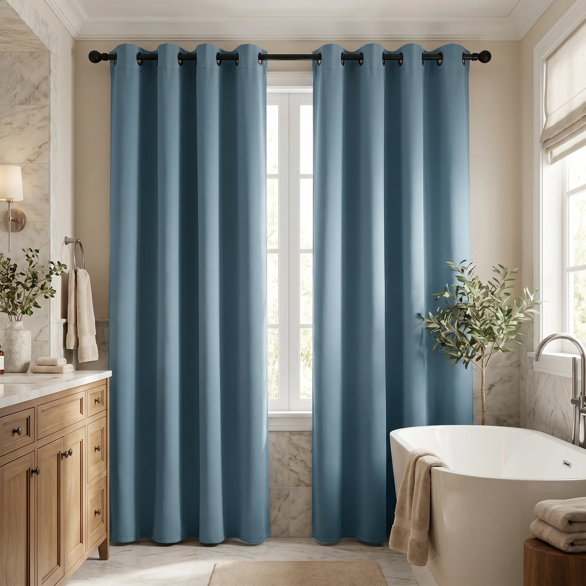 Custom luxury silk-fiber blackout curtains in dusty blue by DWCN Official, showcasing their elegant fabric and tailored design.