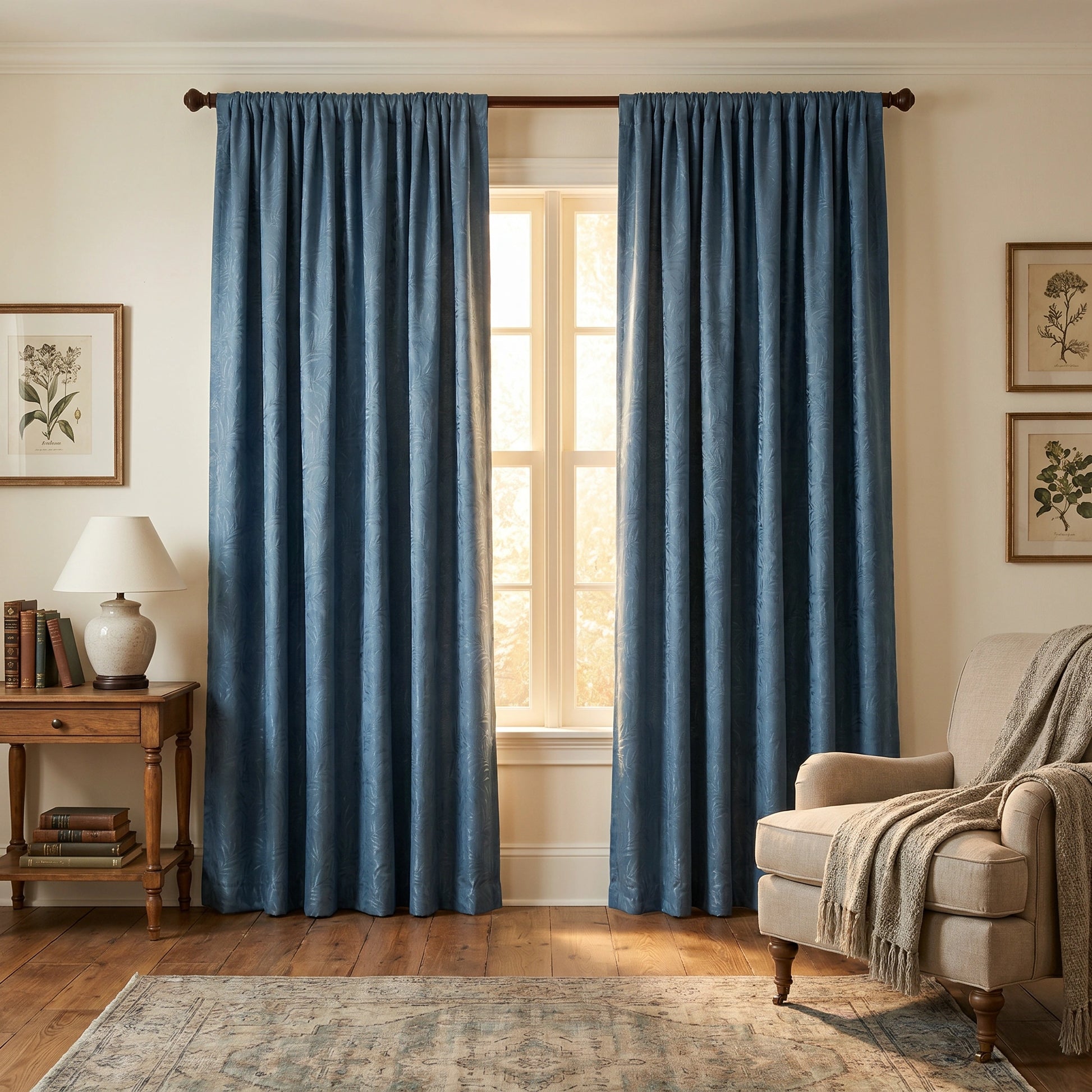 Dusty blue DWCN Official Elowen embroidered cotton curtain with intricate pattern, custom window treatment for stylish home decor.