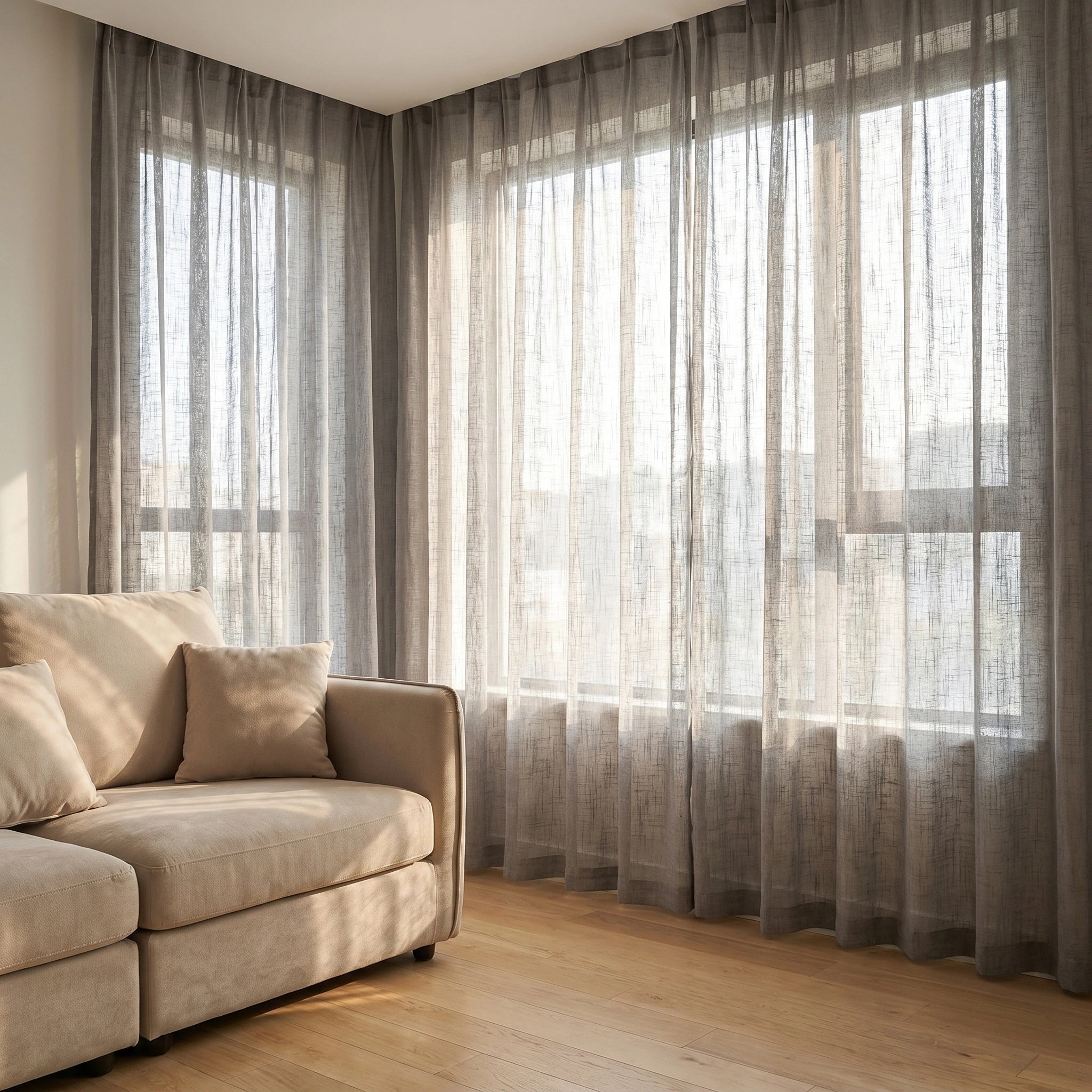 Gray custom linen sheer solid curtains from DWCN Official hanging on a window for a light, airy home decor look.