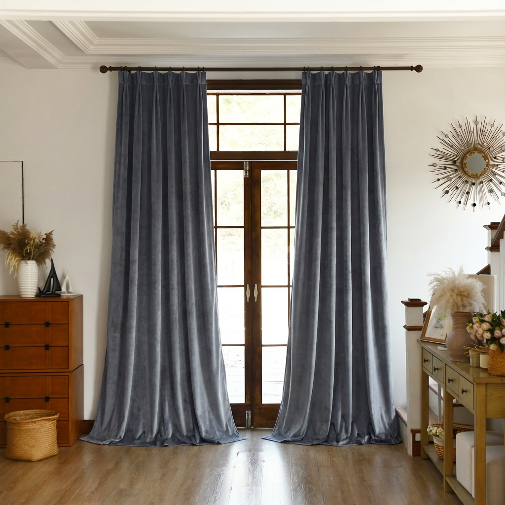 Grey custom premium velvet blackout curtains from DWCN Official hanging on a window, showcasing their soft fabric and elegant design.