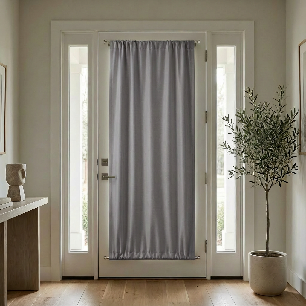 Grey silk-fiber French door blackout curtains by DWCN Official, custom luxury curtains with elegant drape and light-blocking fabric.