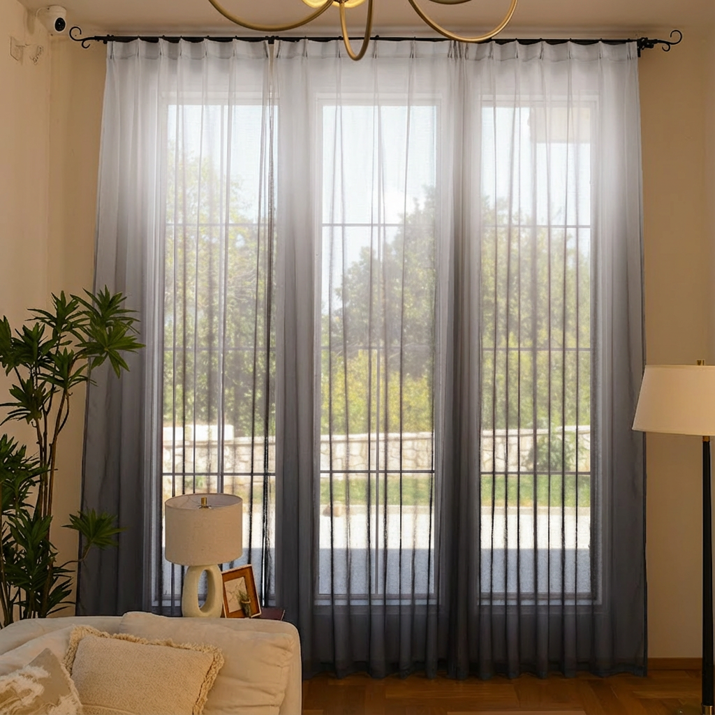 Grey custom vertical linen texture sheer curtains by DWCN Official with ombre ombre design, showcasing their elegant, lightweight fabric.