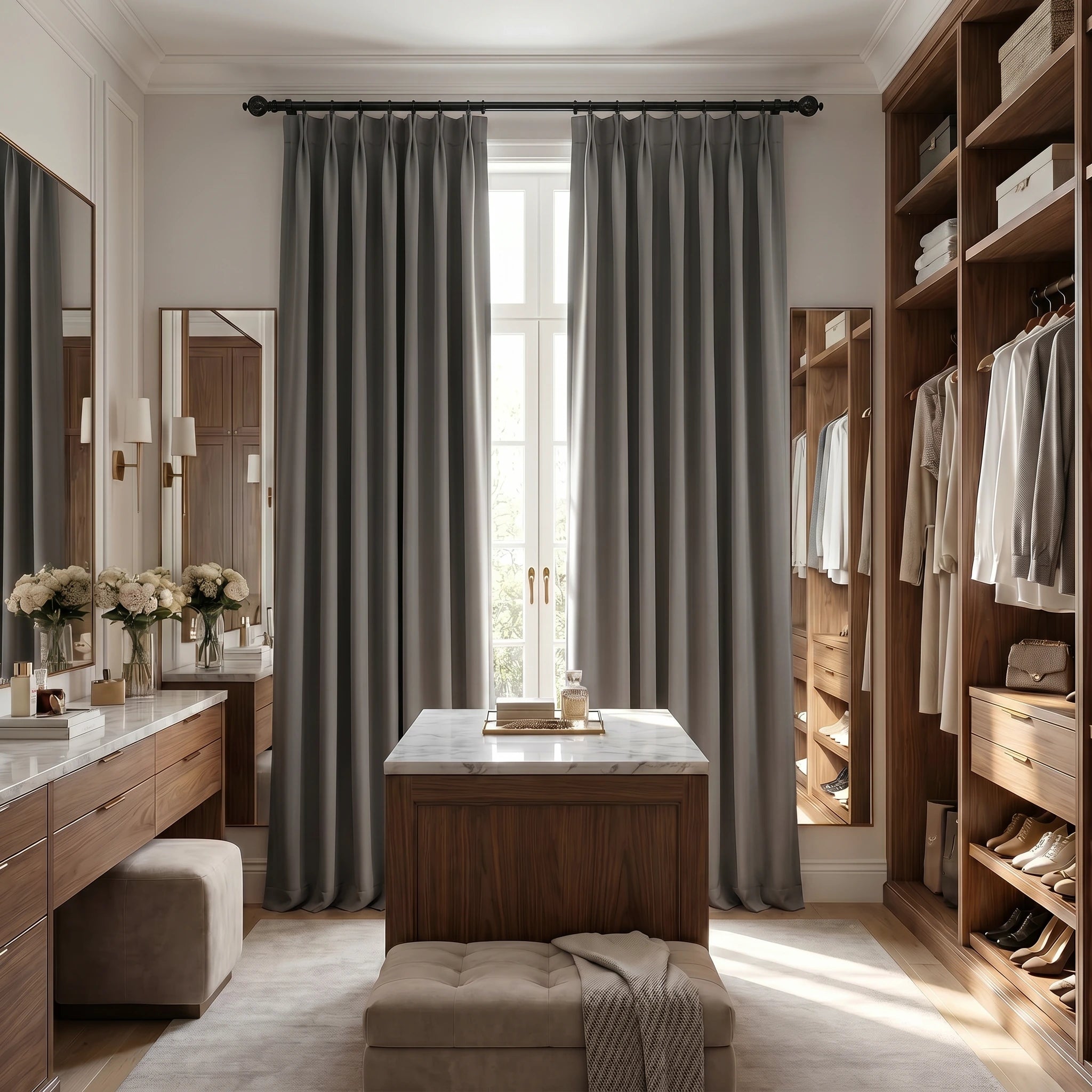 Custom luxury silk-fiber blackout curtains in grey from DWCN Official, showcasing elegant draping and premium fabric details.