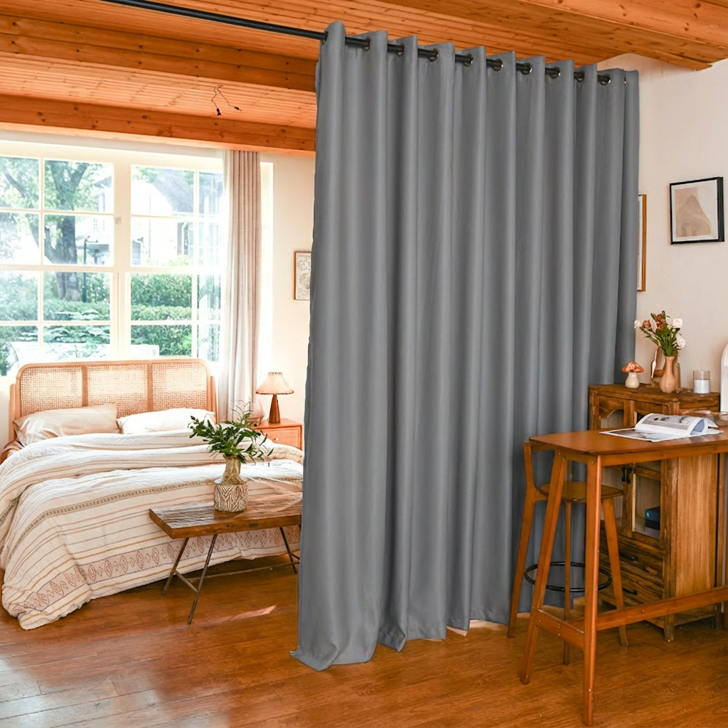 Gray custom luxury silk fibers blackout room divider curtains by DWCN Official, showcasing elegant fabric and sleek design.