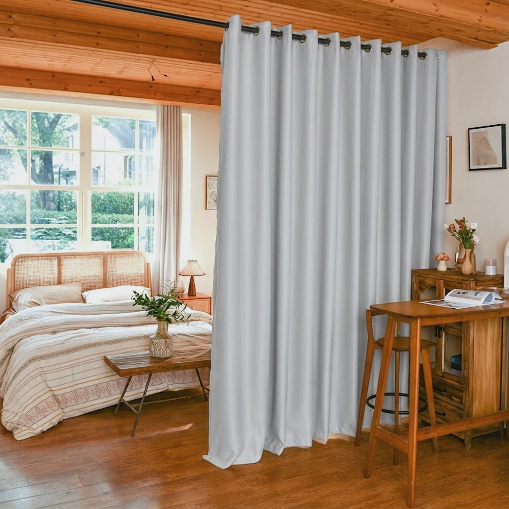 Greyish-white custom luxury silk fibers blackout room divider curtains by DWCN Official, showcasing elegant and durable fabric.